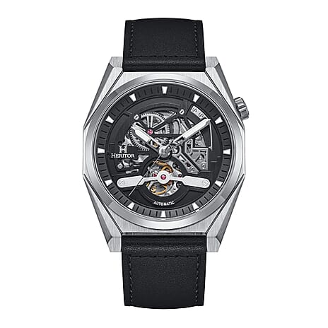 HERITOR Amadeus Automatic 10ATM WR Black Dial - Silver Case Mens Watch with Black Genuine Leather Strap
