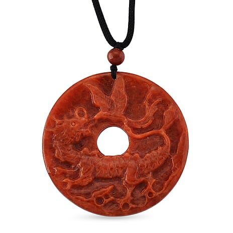 Enhanced Red Jade Carved Dragon & Phoenix Necklace with Cotton Thread (Size - 28 Adjustable) 130.00 Ct.