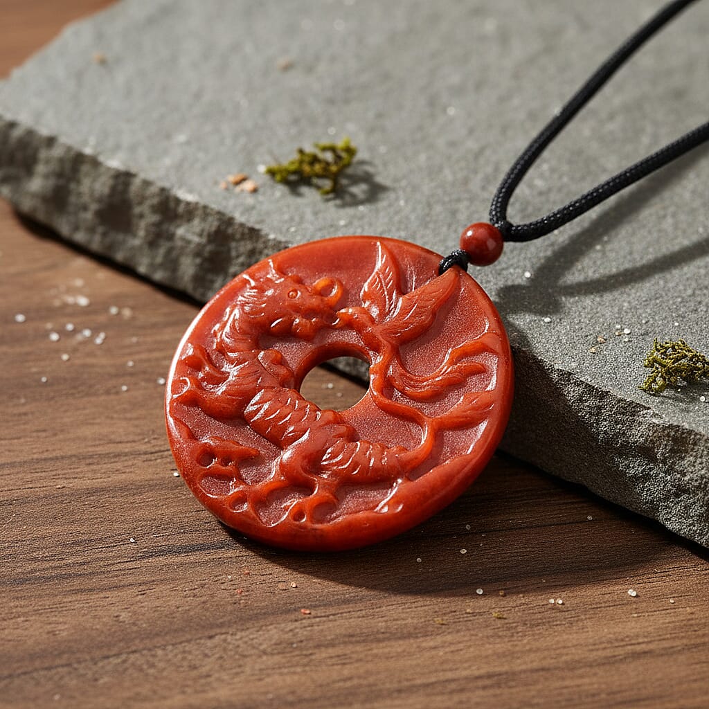 Enhanced Red Jade Carved Dragon & Phoenix Necklace with Cotton Thread (Size - 28 Adjustable) 130.00 Ct.
