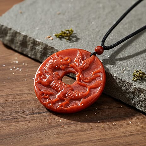 Enhanced Red Jade Carved Dragon & Phoenix Necklace with Cotton Thread (Size - 28 Adjustable) 130.00 Ct.
