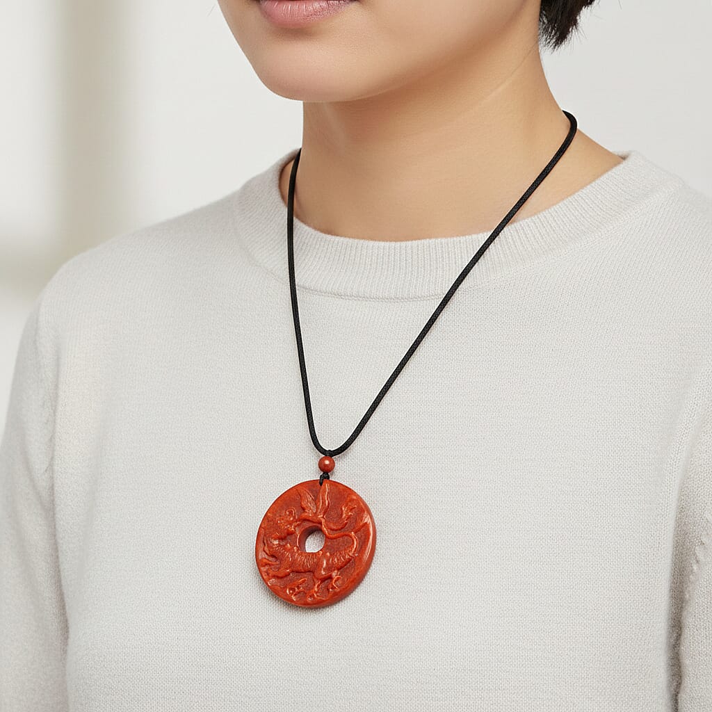 Enhanced Red Jade Carved Dragon & Phoenix Necklace with Cotton Thread (Size - 28 Adjustable) 130.00 Ct.