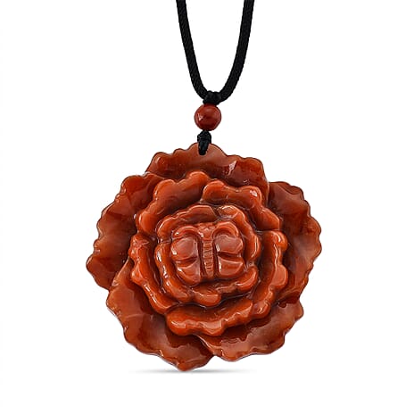 Enhanced Red Jade Carved Peony & Butterfly Necklace with Cotton Thread (Size - 28 Adjustable) 165.00 Ct.