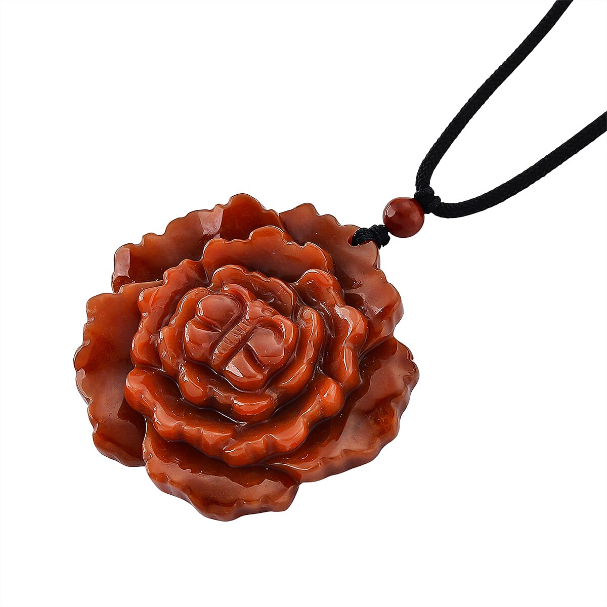 Enhanced Red Jade Carved Peony & Butterfly Necklace with Cotton Thread (Size - 28 Adjustable) 165.00 Ct.