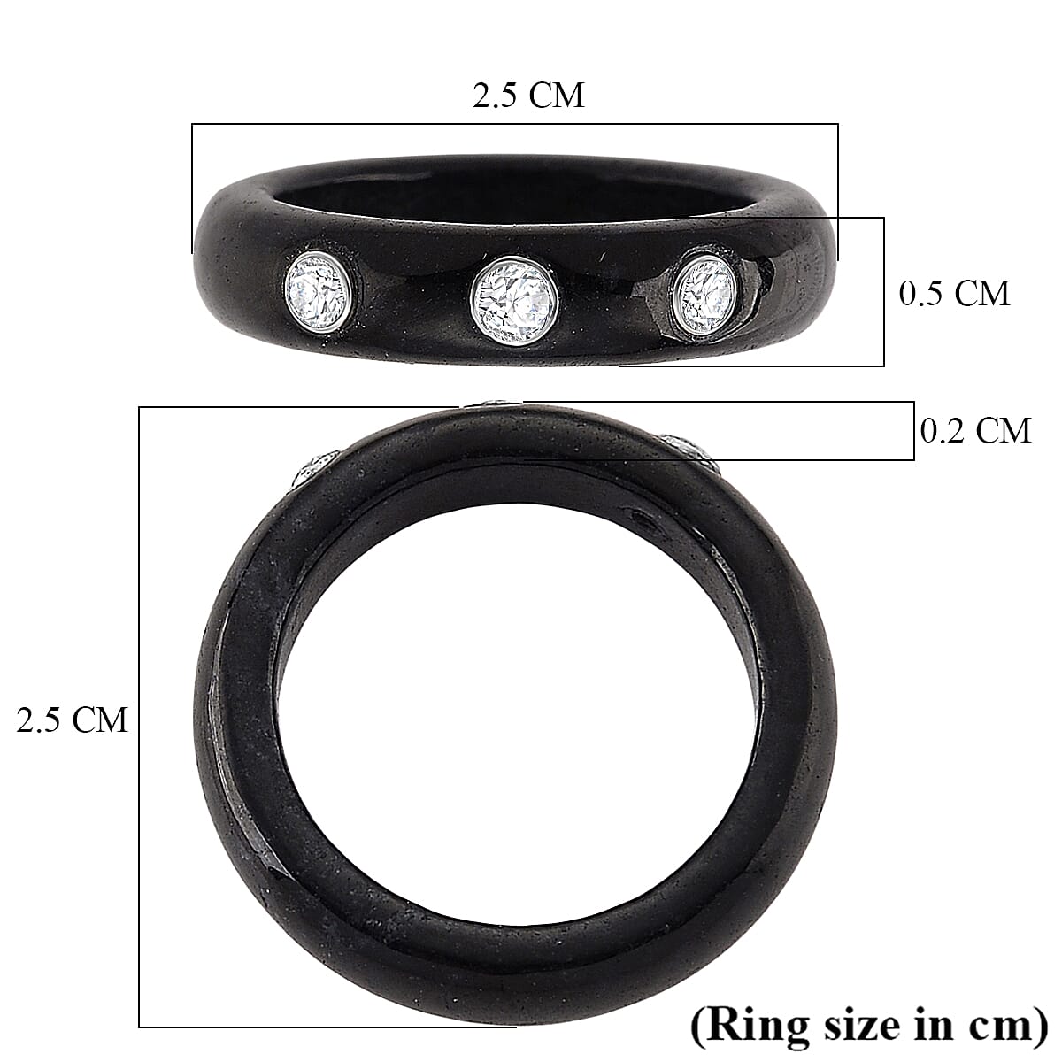 D'Joy Extremely Rare Boots Black Jadeite & Lab Grown Diamond (Si-GH) Band Ring in Rhodium Overlay Sterling Silver 13.60 Ct.