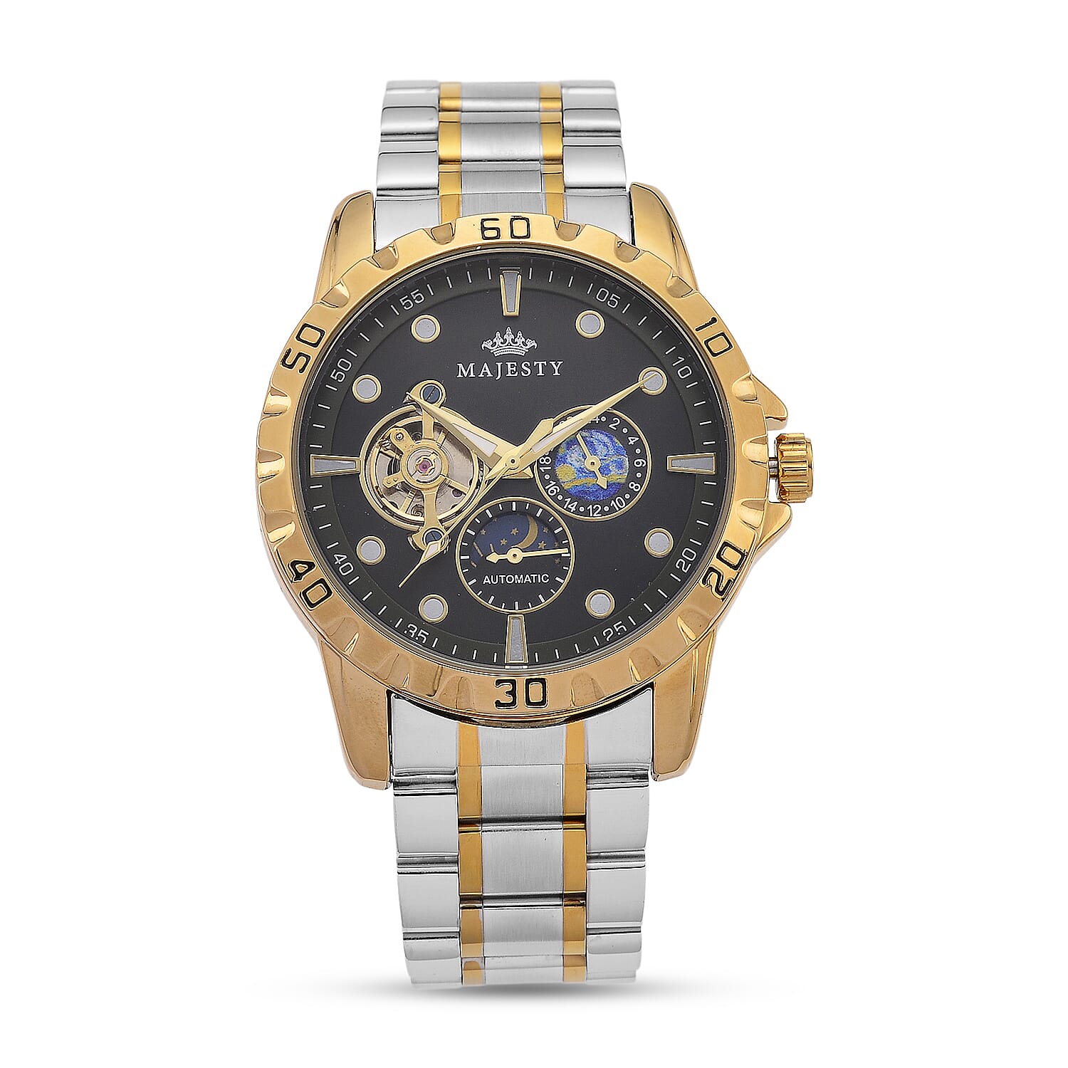 MAJESTY Multifunctional Automatic 3ATM WR Black Hollow - Moon Phase Dial - Two-Tone Case Mens Watch with Two-Tone Stainless Steel Strap