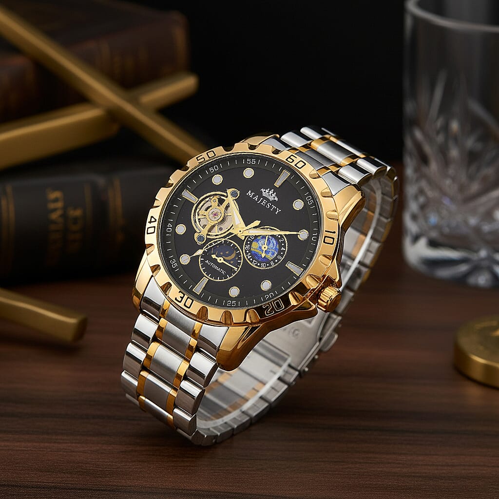 MAJESTY Multifunctional Automatic 3ATM WR Black Hollow - Moon Phase Dial - Two-Tone Case Mens Watch with Two-Tone Stainless Steel Strap