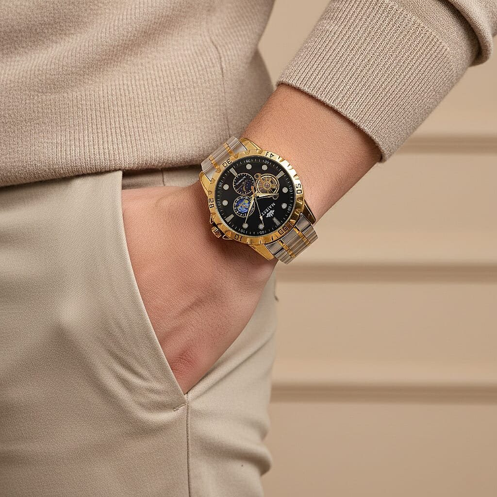 MAJESTY Multifunctional Automatic 3ATM WR Black Hollow - Moon Phase Dial - Two-Tone Case Mens Watch with Two-Tone Stainless Steel Strap