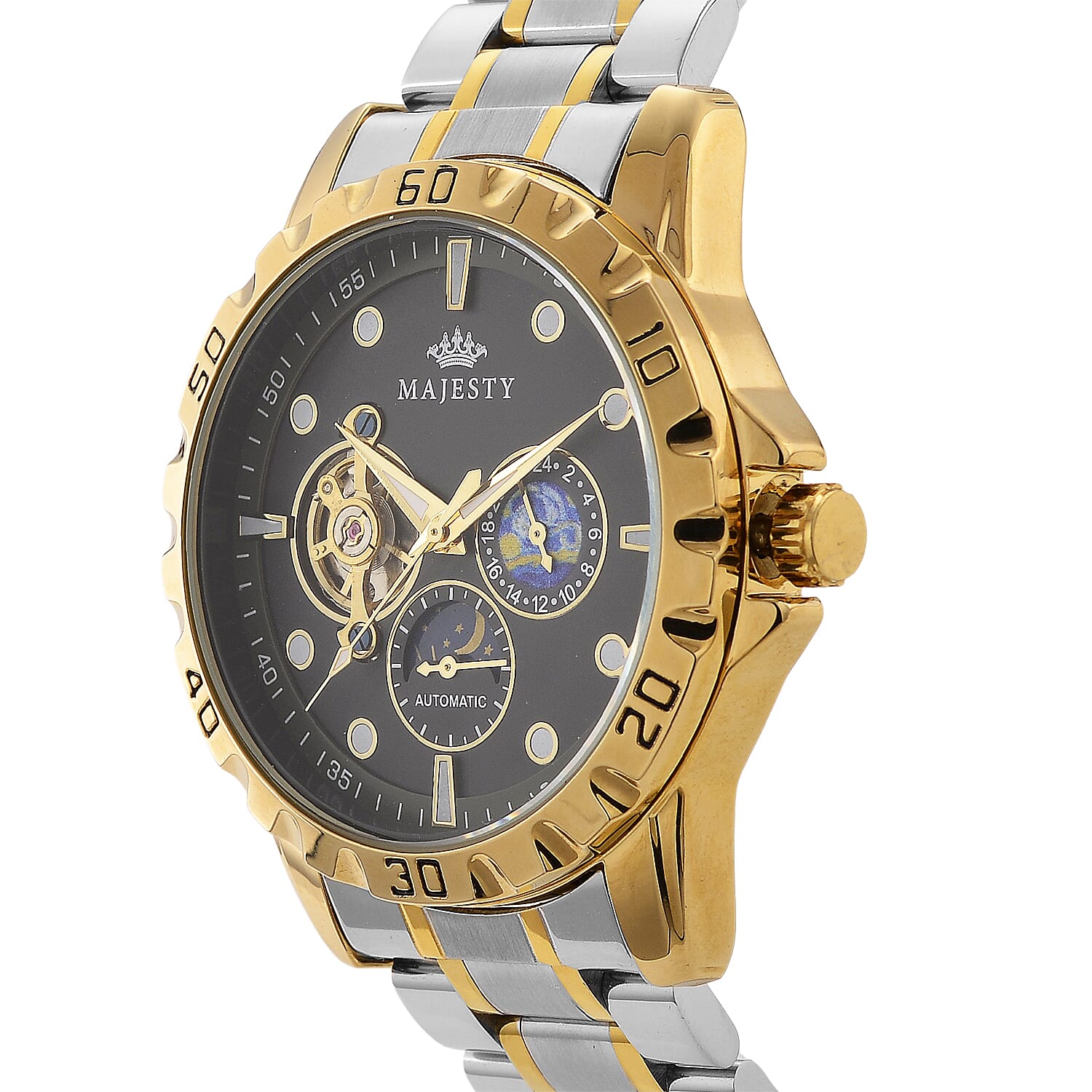 MAJESTY Multifunctional Automatic 3ATM WR Black Hollow - Moon Phase Dial - Two-Tone Case Mens Watch with Two-Tone Stainless Steel Strap