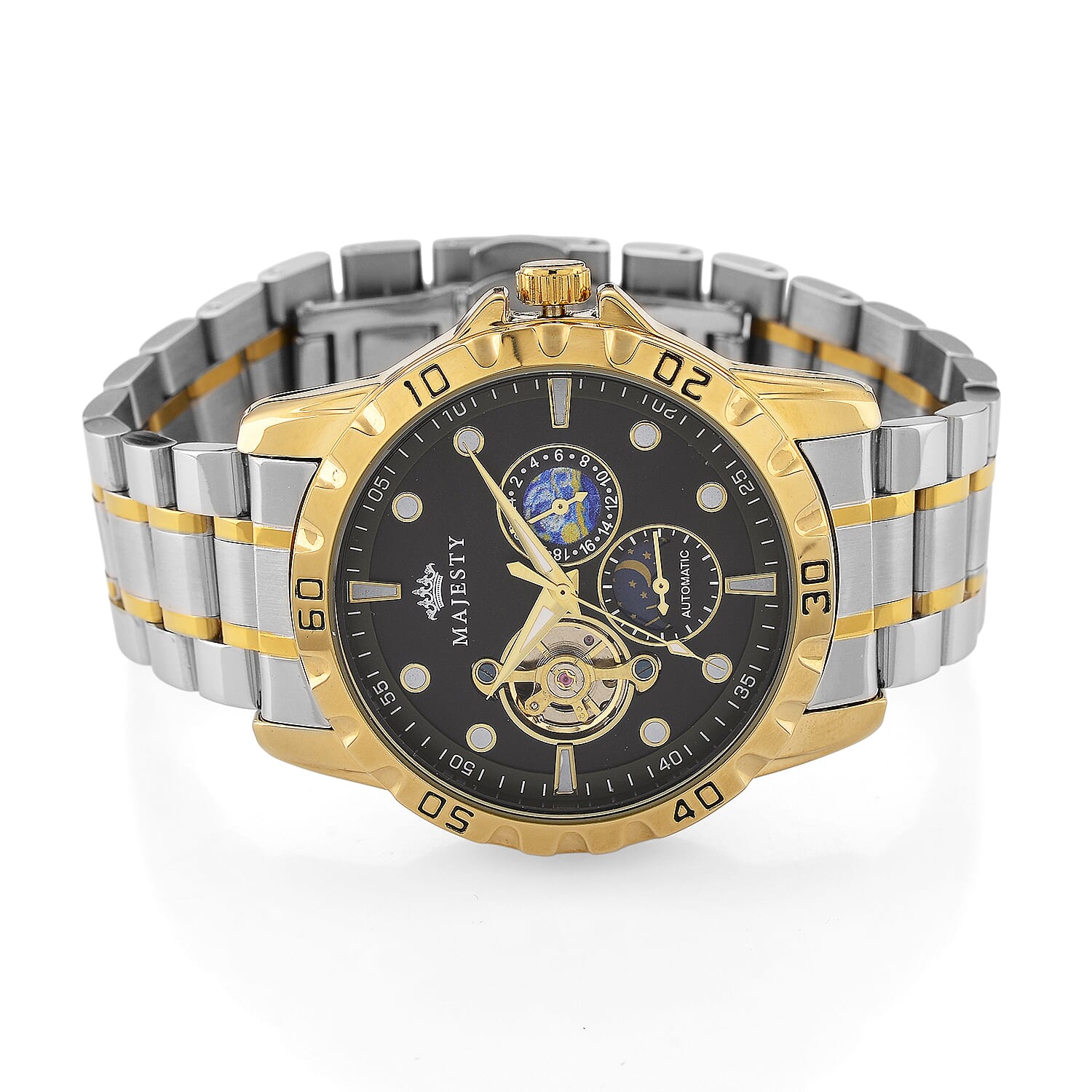 MAJESTY Multifunctional Automatic 3ATM WR Black Hollow - Moon Phase Dial - Two-Tone Case Mens Watch with Two-Tone Stainless Steel Strap