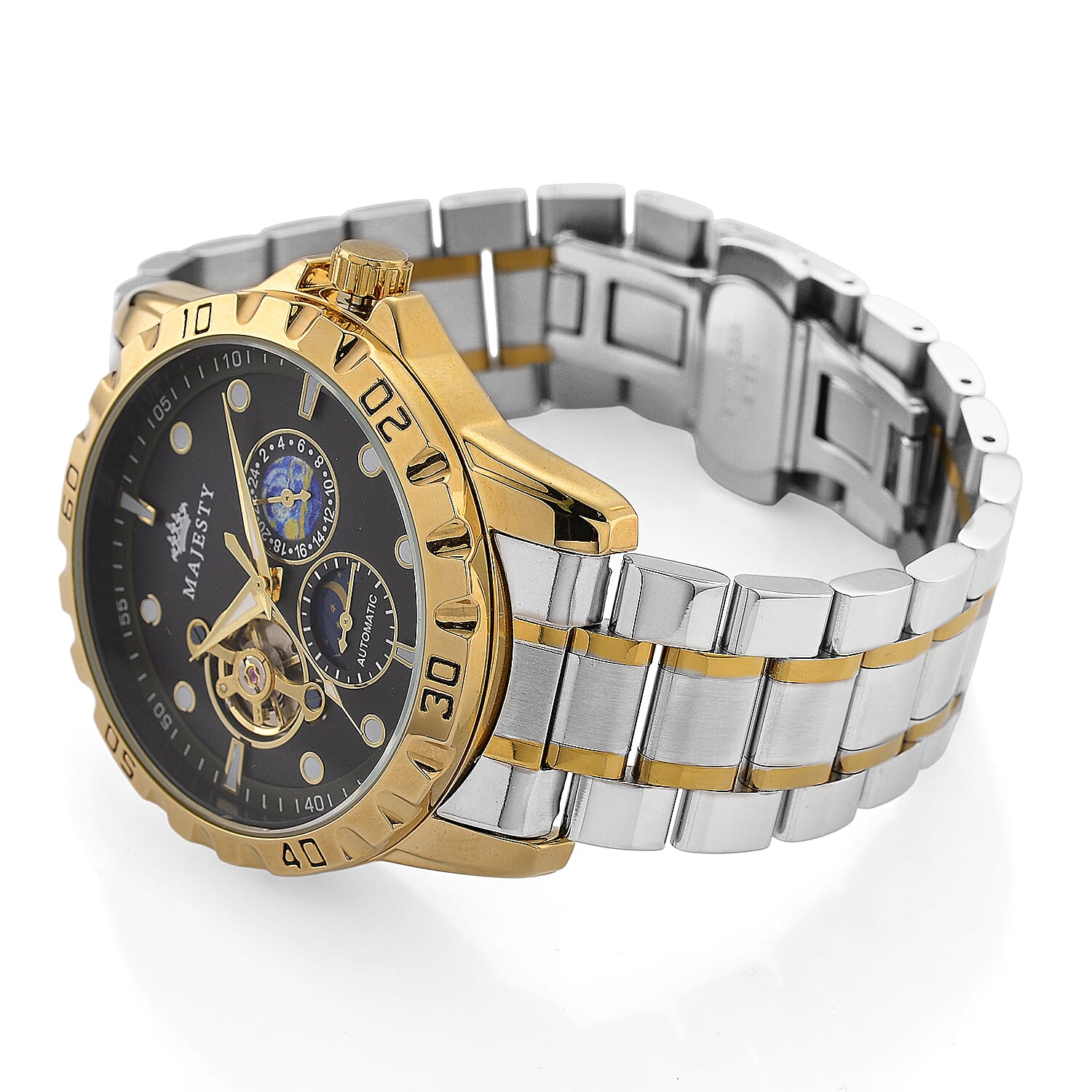MAJESTY Multifunctional Automatic 3ATM WR Black Hollow - Moon Phase Dial - Two-Tone Case Mens Watch with Two-Tone Stainless Steel Strap