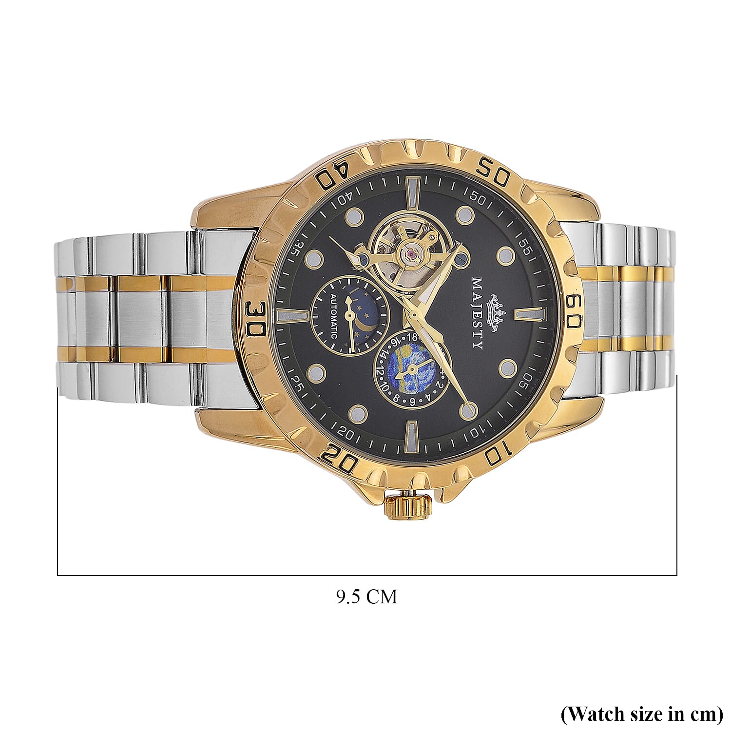 MAJESTY Multifunctional Automatic 3ATM WR Black Hollow - Moon Phase Dial - Two-Tone Case Mens Watch with Two-Tone Stainless Steel Strap