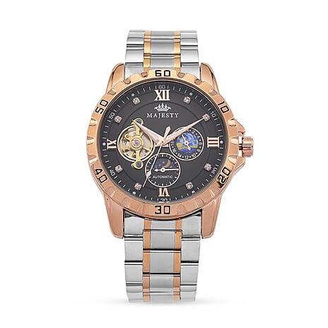 MAJESTY Multifunctional Automatic 3ATM WR Black Hollow - Day and Night Indicator Dial - Two-Tone Silver-Rose Case Mens Watch with Two-Tone Stainless Steel Strap