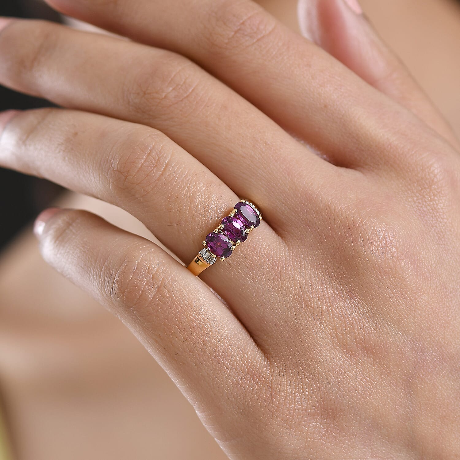 D'Joy Natural Radiant Ember Garnet & Natural White Diamond Trilogy Ring in 18K Gold Vermeil Sterling Silver 1.73 Ct.