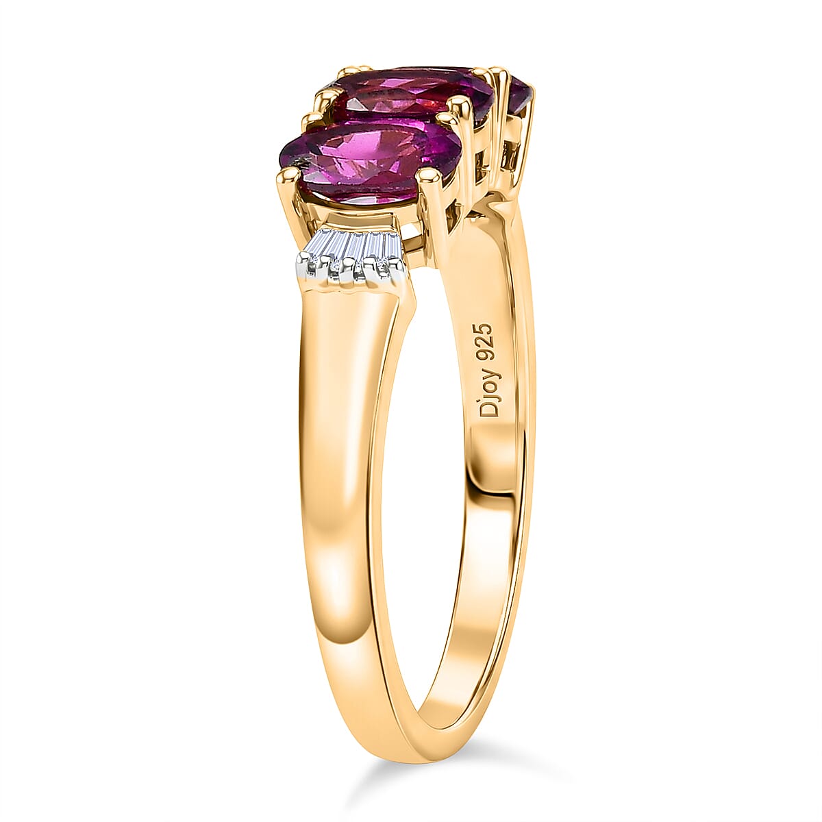 D'Joy Natural Radiant Ember Garnet & Natural White Diamond Trilogy Ring in 18K Gold Vermeil Sterling Silver 1.73 Ct.