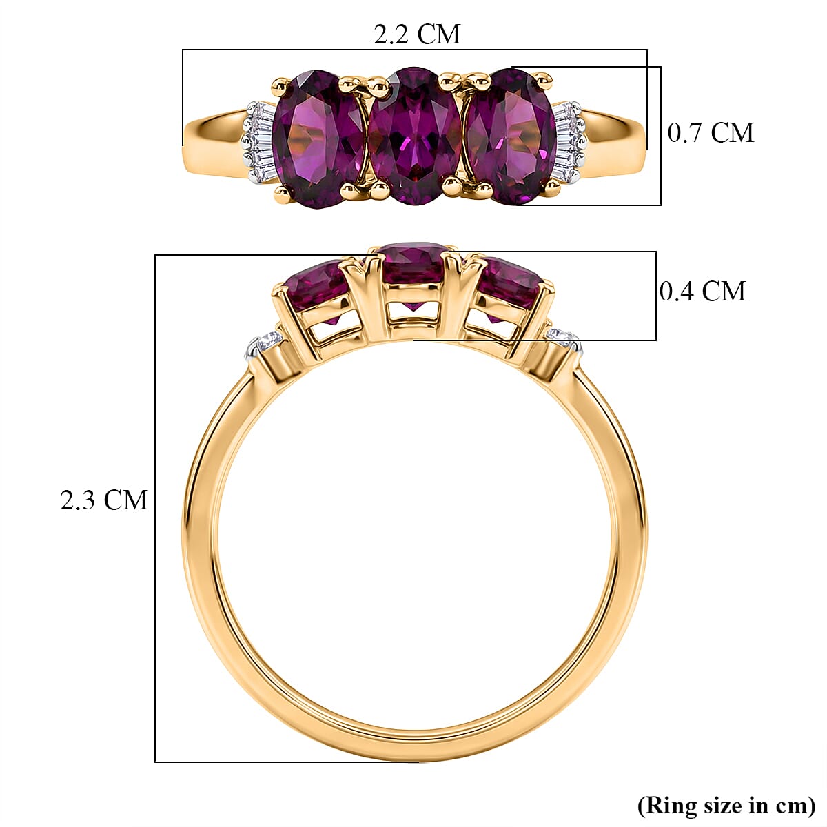 D'Joy Natural Radiant Ember Garnet & Natural White Diamond Trilogy Ring in 18K Gold Vermeil Sterling Silver 1.73 Ct.