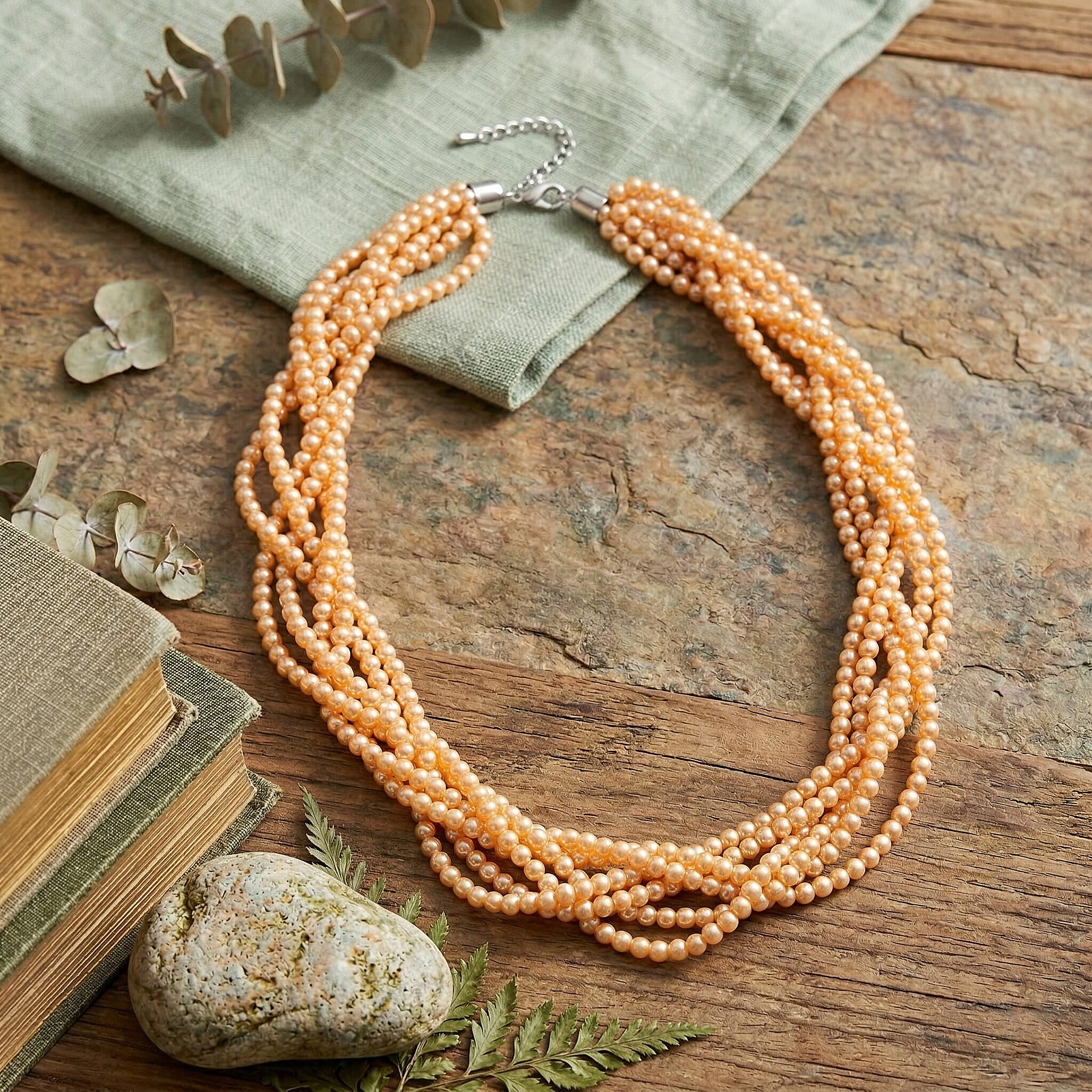 Golden Shell Pearl Beads Necklace (Size - 18.5-2 Ext) in Silver Tone