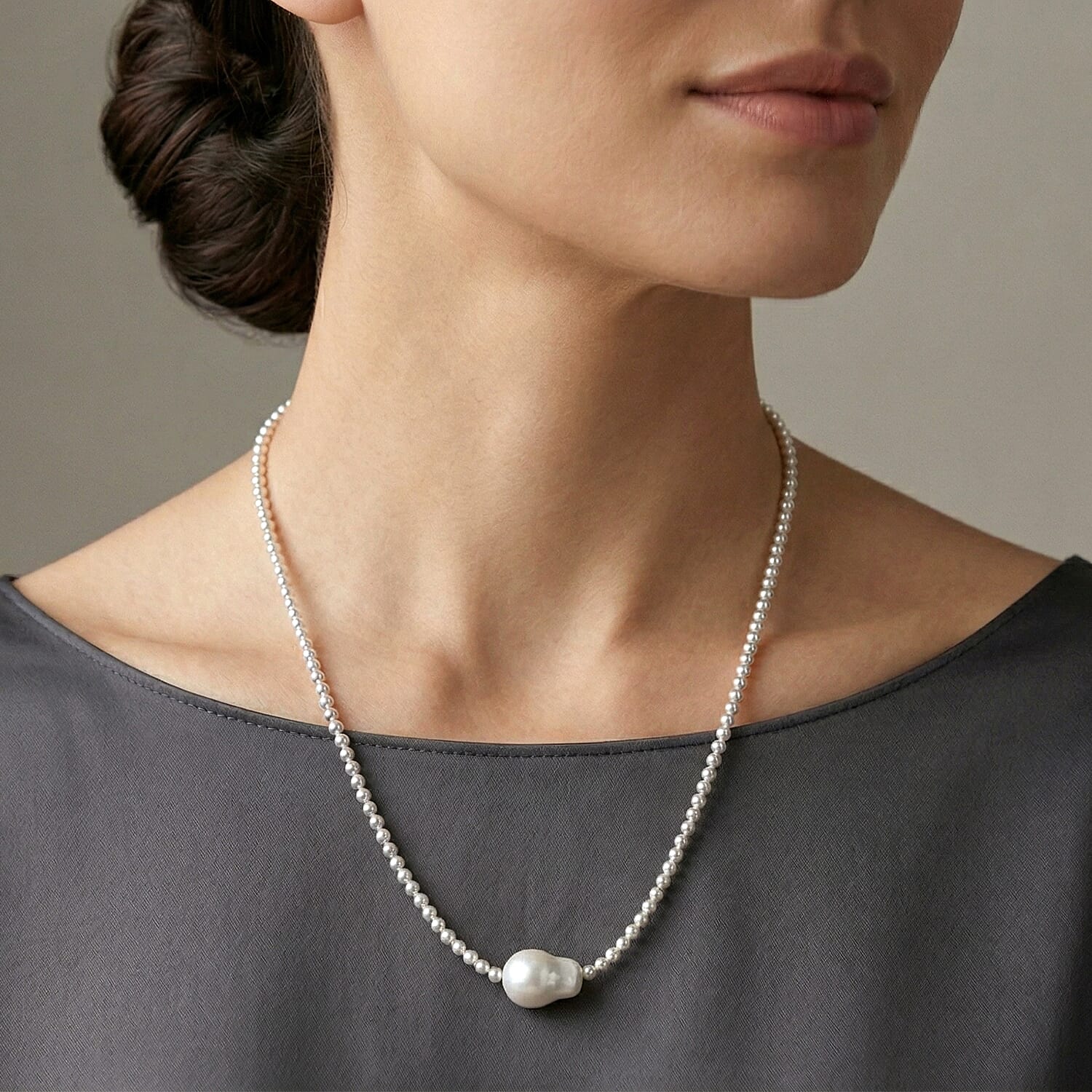 White Shell Pearl Beads Necklace (Size - 18-2 Ext) in Silver Tone