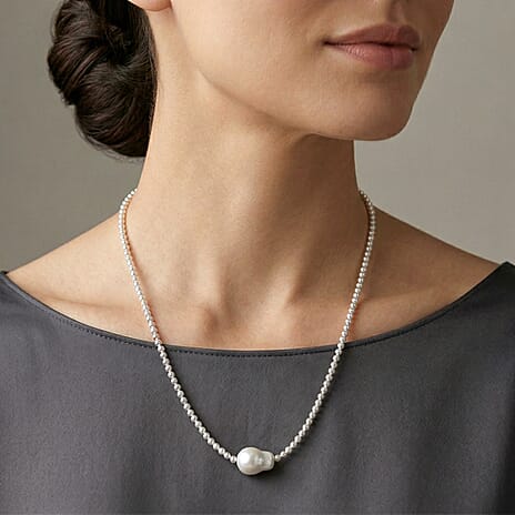 White Shell Pearl Beads Necklace (Size - 18-2 Ext) in Silver Tone
