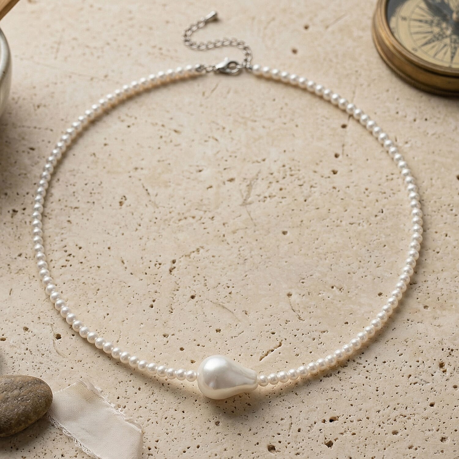 White Shell Pearl Beads Necklace (Size - 18-2 Ext) in Silver Tone
