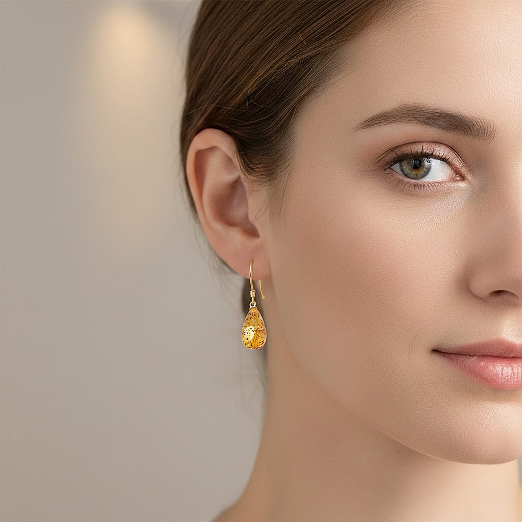 D'Joy Amber Drop Earring with Hook in Yellow Gold Plated Sterling Silver