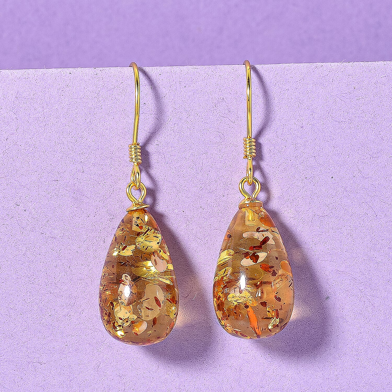 D'Joy Amber Drop Earring with Hook in Yellow Gold Plated Sterling Silver