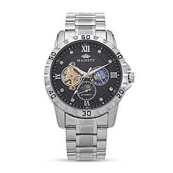 MAJESTY Multifunctional Automatic 3ATM WR Black Hollow - Moon Phase Dial - Silver Case Mens Watch with Silver Stainless Steel Strap