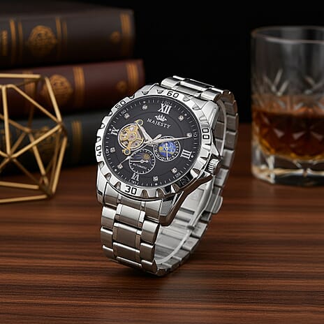 MAJESTY Multifunctional Automatic 3ATM WR Black Hollow - Moon Phase Dial - Silver Case Mens Watch with Silver Stainless Steel Strap