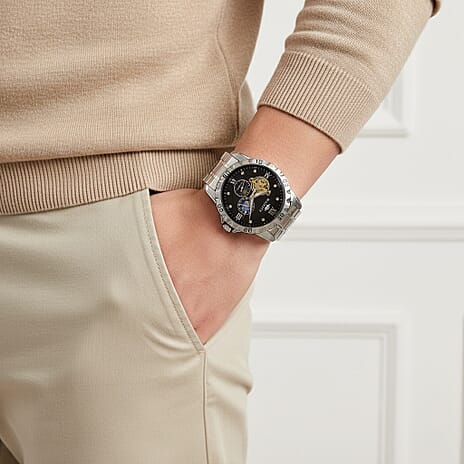 MAJESTY Multifunctional Automatic 3ATM WR Black Hollow - Moon Phase Dial - Silver Case Mens Watch with Silver Stainless Steel Strap