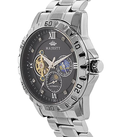 MAJESTY Multifunctional Automatic 3ATM WR Black Hollow - Moon Phase Dial - Silver Case Mens Watch with Silver Stainless Steel Strap