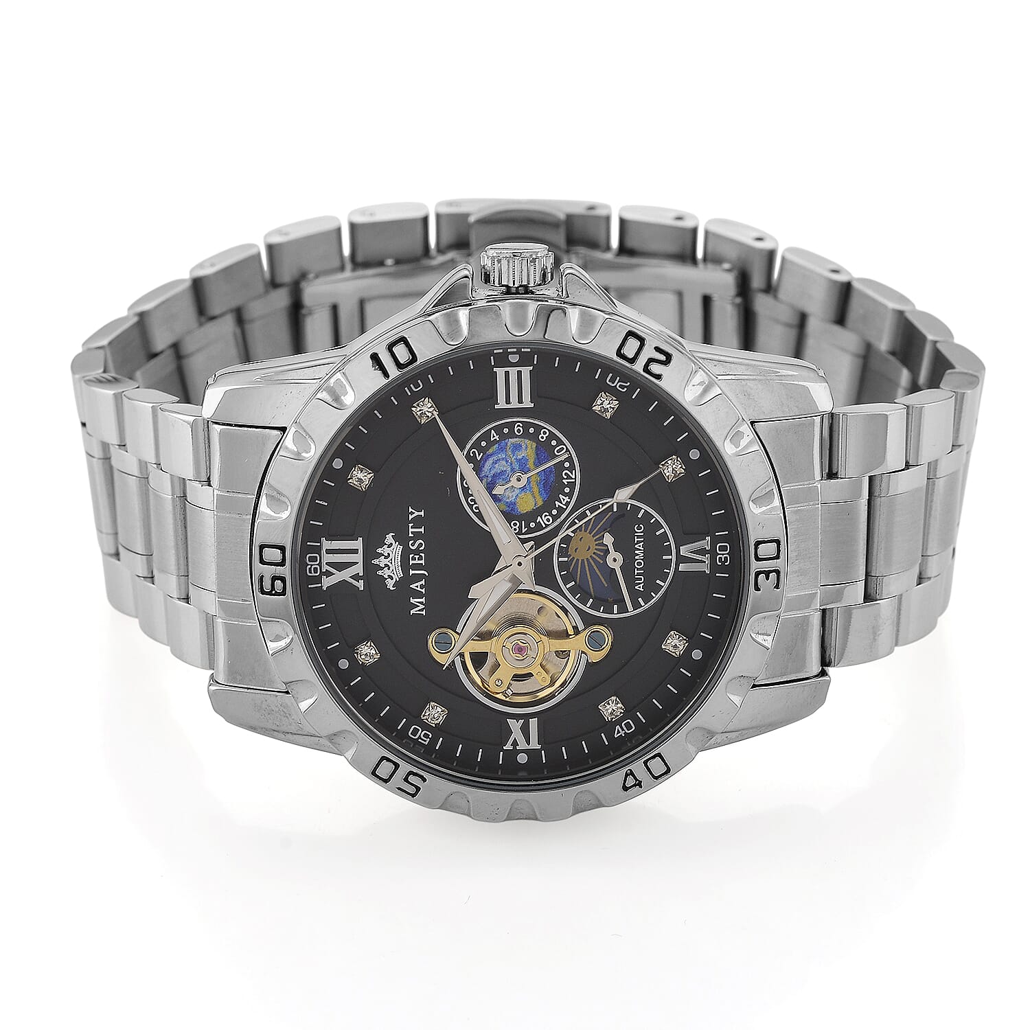 MAJESTY Multifunctional Automatic 3ATM WR Black Hollow - Moon Phase Dial - Silver Case Mens Watch with Silver Stainless Steel Strap