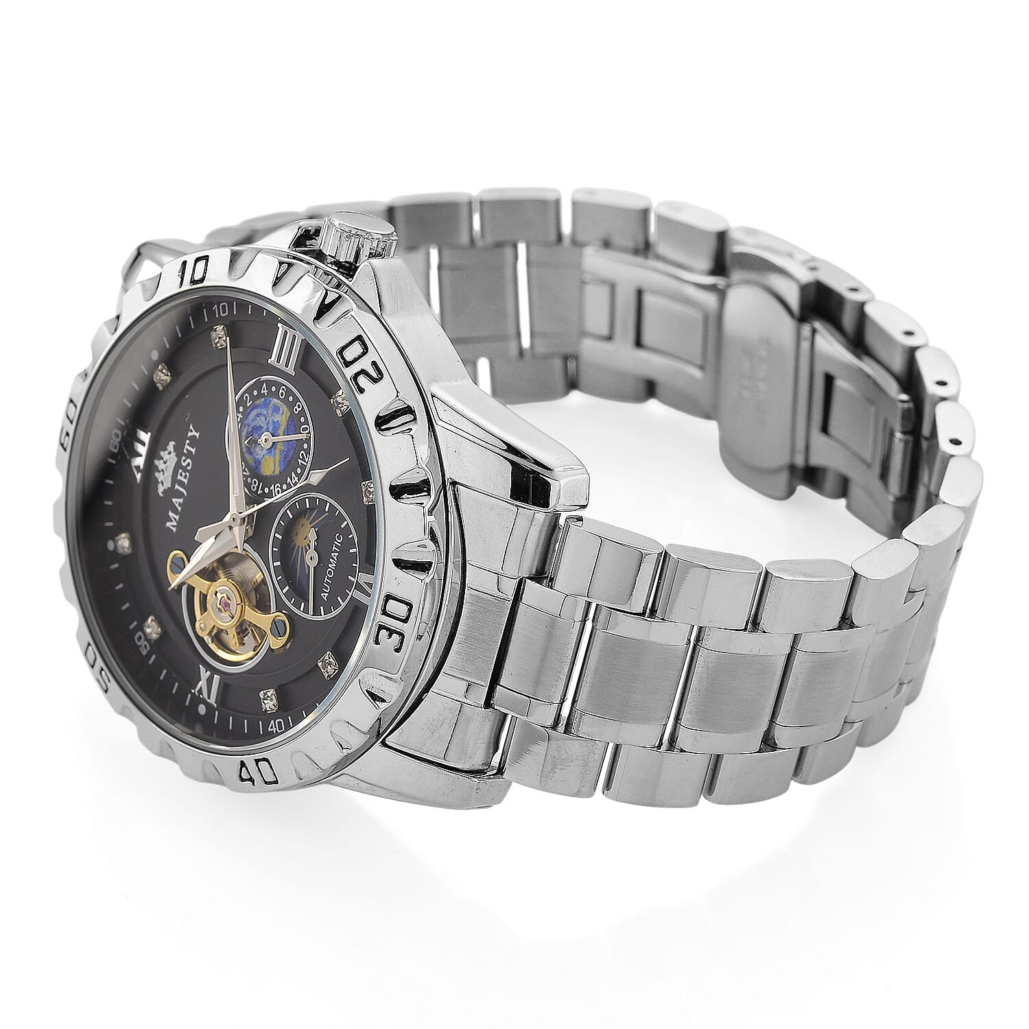 MAJESTY Multifunctional Automatic 3ATM WR Black Hollow - Moon Phase Dial - Silver Case Mens Watch with Silver Stainless Steel Strap