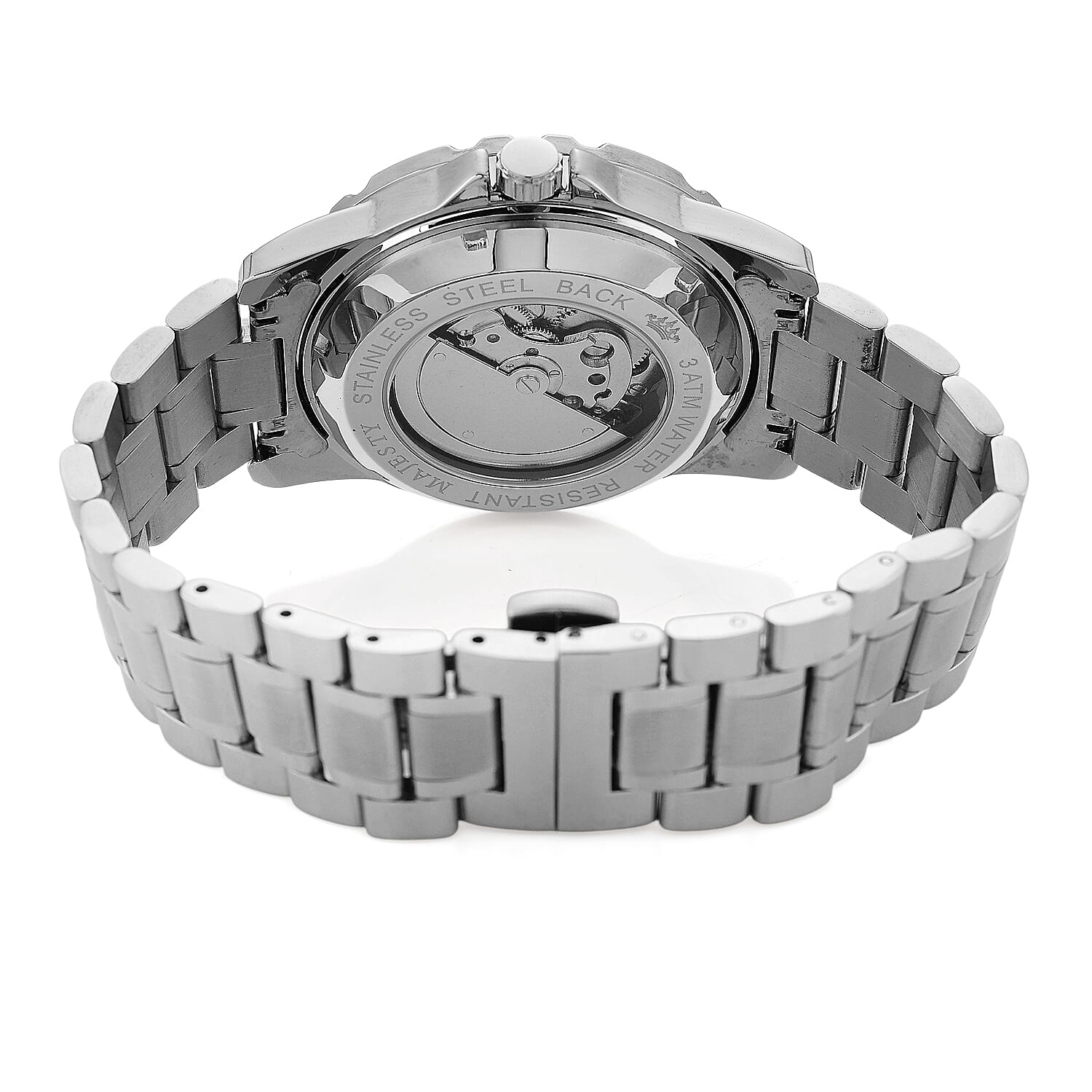 MAJESTY Multifunctional Automatic 3ATM WR Black Hollow - Moon Phase Dial - Silver Case Mens Watch with Silver Stainless Steel Strap