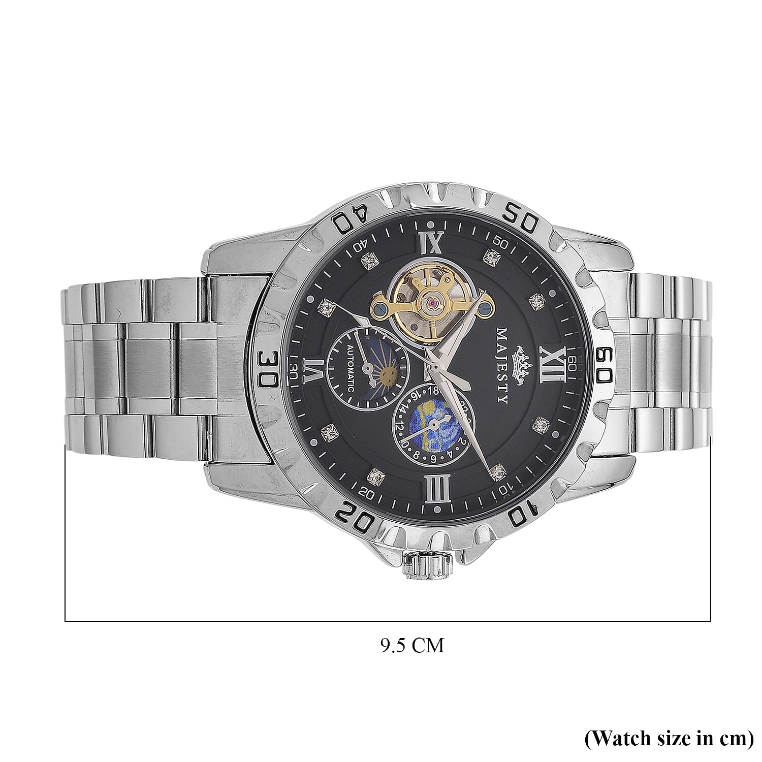 MAJESTY Multifunctional Automatic 3ATM WR Black Hollow - Moon Phase Dial - Silver Case Mens Watch with Silver Stainless Steel Strap