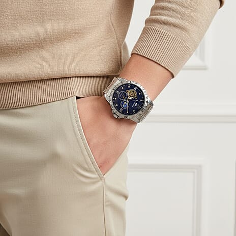 MAJESTY Multifunctional Automatic 3ATM WR Blue Hollow - Day and Night Indicator Dial - Silver Case Mens Watch with Silver Stainless Steel Strap