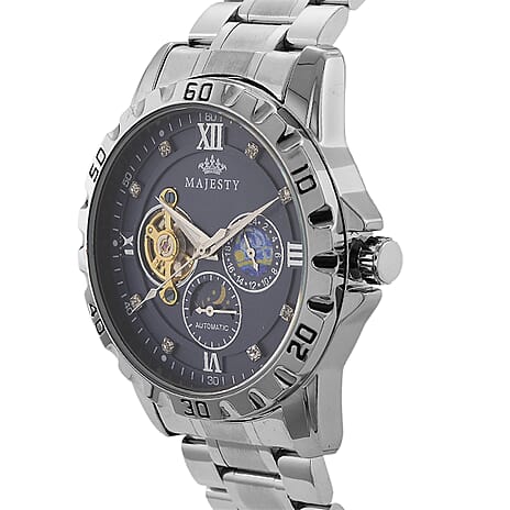 MAJESTY Multifunctional Automatic 3ATM WR Blue Hollow - Day and Night Indicator Dial - Silver Case Mens Watch with Silver Stainless Steel Strap