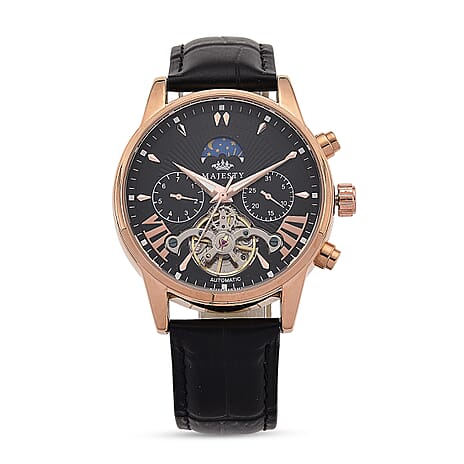 MAJESTY Multifunctional Automatic 3ATM WR Black Hollow Dial & Rose Gold Case Mens Watch with Black Leather Strap