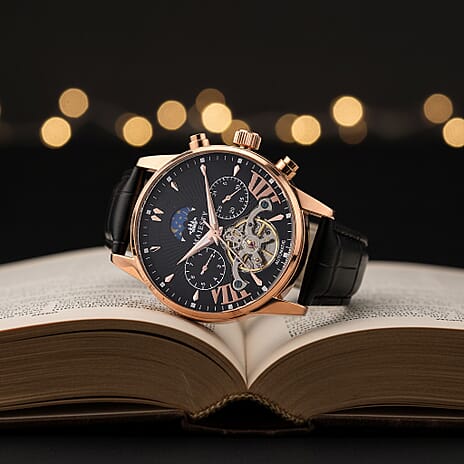 MAJESTY Multifunctional Automatic 3ATM WR Black Hollow Dial & Rose Gold Case Mens Watch with Black Leather Strap