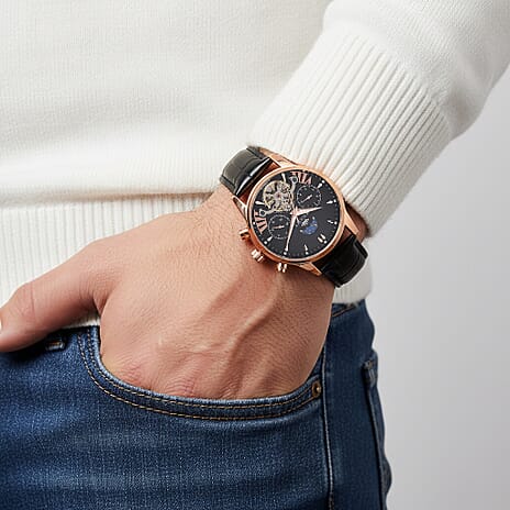 MAJESTY Multifunctional Automatic 3ATM WR Black Hollow Dial & Rose Gold Case Mens Watch with Black Leather Strap