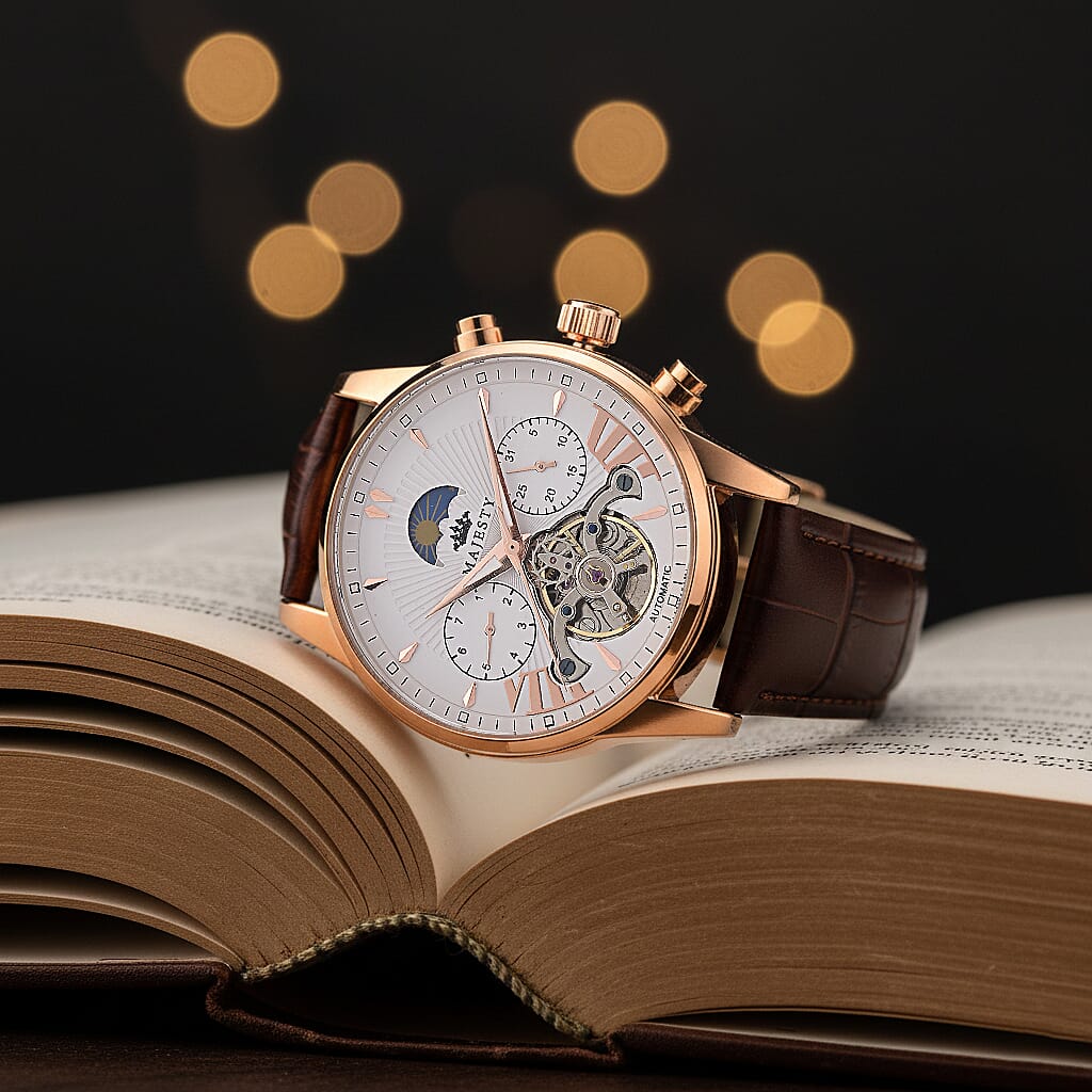 MAJESTY Limited Edition ENIGMATIC Automatic 3ATM Mens Watch with Rose Gold dial Brown Leather Strap With Day-Night Indicator
