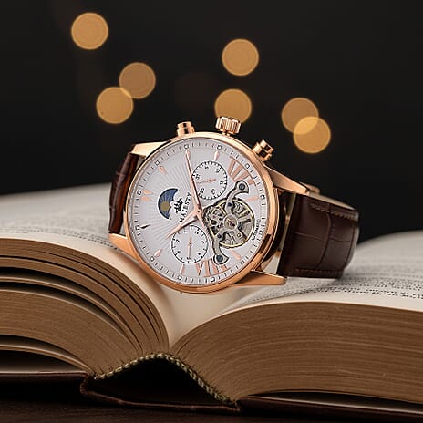 MAJESTY Multifunctional Automatic 3ATM WR White Hollow Dial & Rose Gold Case Mens Watch with Brown Leather Strap