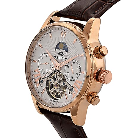 MAJESTY Multifunctional Automatic 3ATM WR White Hollow Dial & Rose Gold Case Mens Watch with Brown Leather Strap