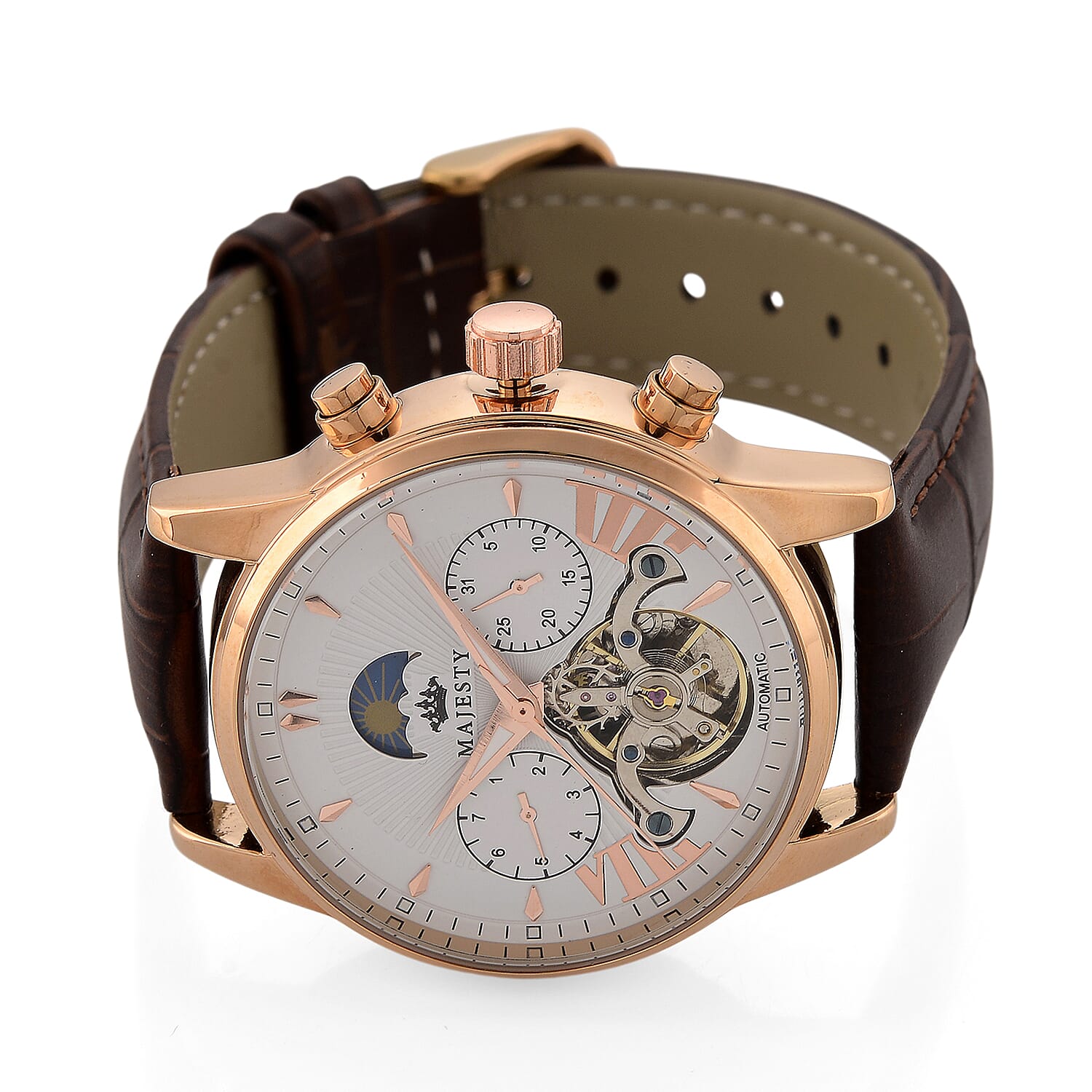 MAJESTY Limited Edition ENIGMATIC Automatic 3ATM Mens Watch with Rose Gold dial Brown Leather Strap With Day-Night Indicator