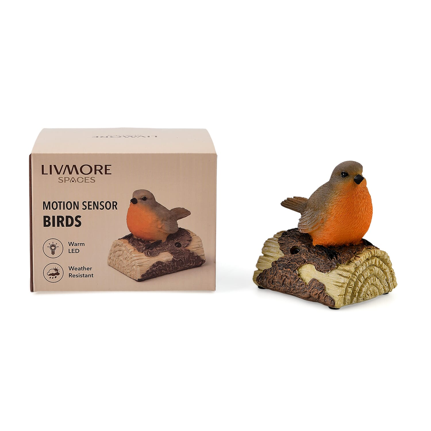 Resin Chirping Bird Garden Figurine - Motion Activated Singing and Warm White LED (95x68x100mm)