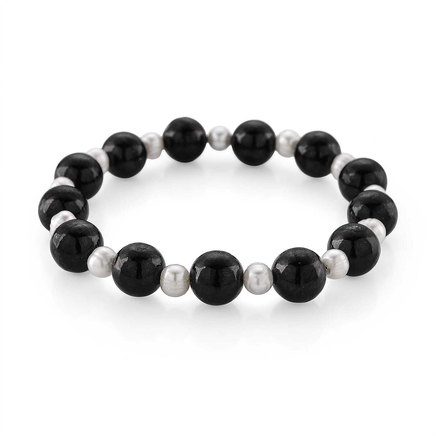 Natural Shungite & White Fresh Water Pearl Beads Adjustable Bracelet (Size 7-7.5) 100.00 Ct.