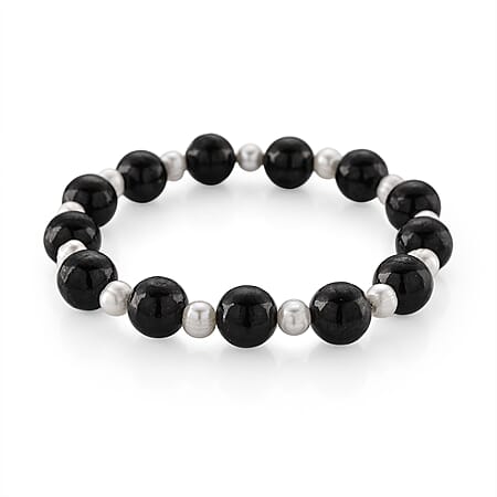 Natural Shungite & White Fresh Water Pearl Beads Adjustable Bracelet (Size 7-7.5) 100.00 Ct.
