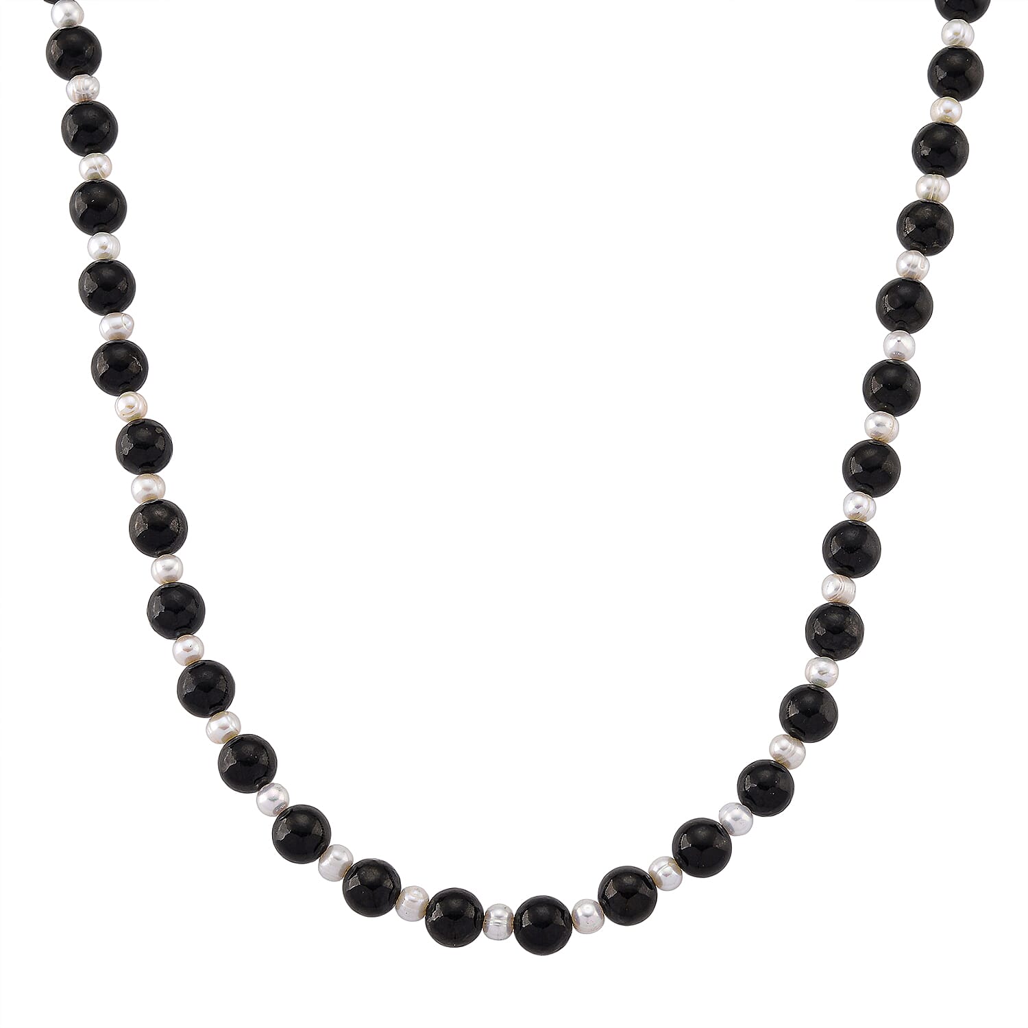 D'Joy Natural Shungite & White Fresh Water Pearl Beads Necklace (Size - 20) with Magnetic Lock in Rhodium Overlay Sterling Silver 250.00 Ct.