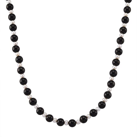 D'Joy Natural Shungite & White Fresh Water Pearl Beads Necklace (Size - 20) with Magnetic Lock in Rhodium Overlay Sterling Silver 250.00 Ct.