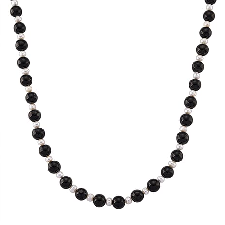 D'Joy Natural Shungite & White Fresh Water Pearl Beads Necklace (Size - 20) with Magnetic Lock in Rhodium Overlay Sterling Silver 250.00 Ct.