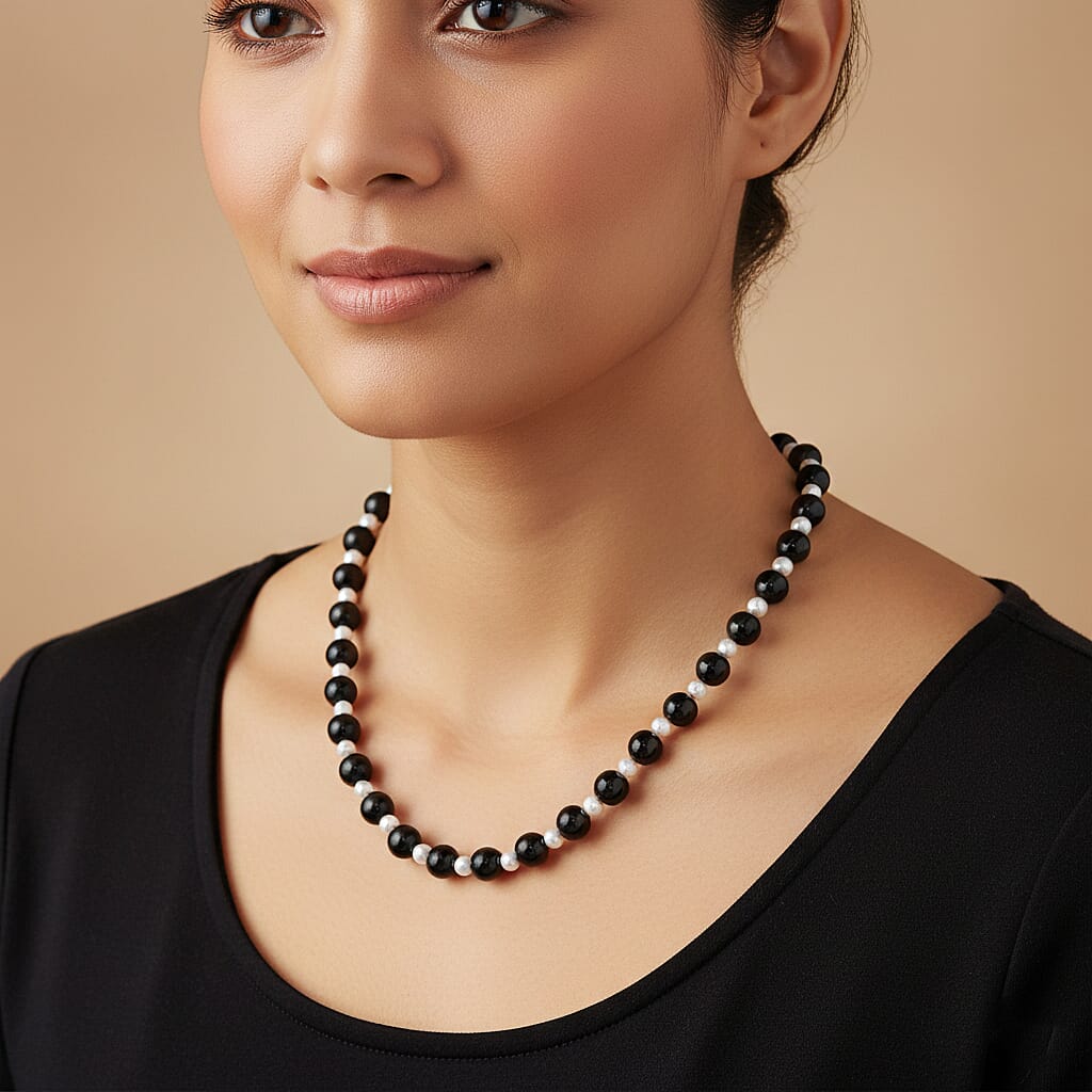 D'Joy Natural Shungite & White Fresh Water Pearl Beads Necklace (Size - 20) with Magnetic Lock in Rhodium Overlay Sterling Silver 250.00 Ct.