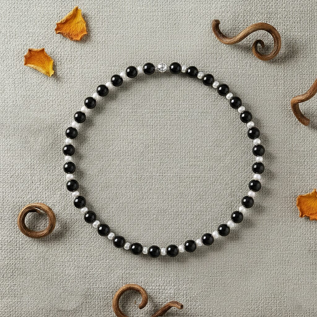 D'Joy Natural Shungite & White Fresh Water Pearl Beads Necklace (Size - 20) with Magnetic Lock in Rhodium Overlay Sterling Silver 250.00 Ct.